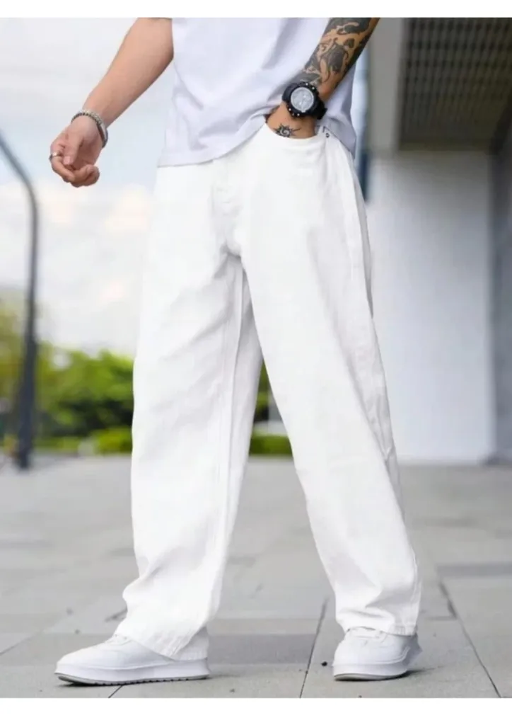 men loose fit mid rise white jeans